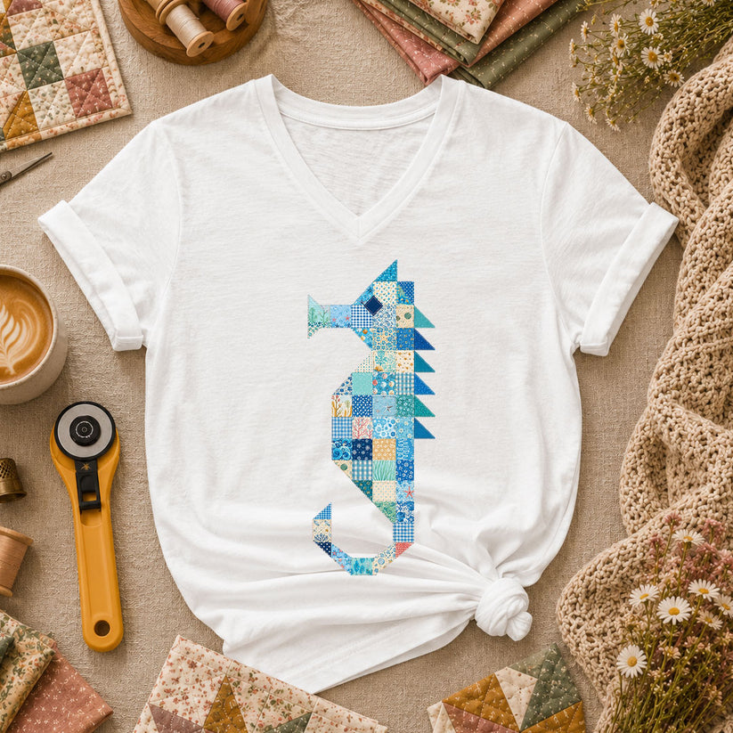 Patchwork Quilt Seahorse Women's V-Neck - White