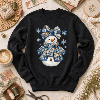 Patchwork Quilted Snowman With Blue Bow And Snowflakes Long Sleeve - Black
