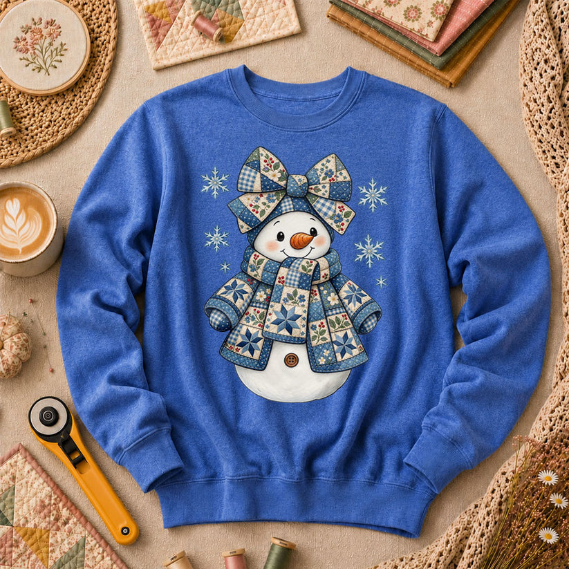 Patchwork Quilted Snowman With Blue Bow And Snowflakes Long Sleeve - Heather True Royal