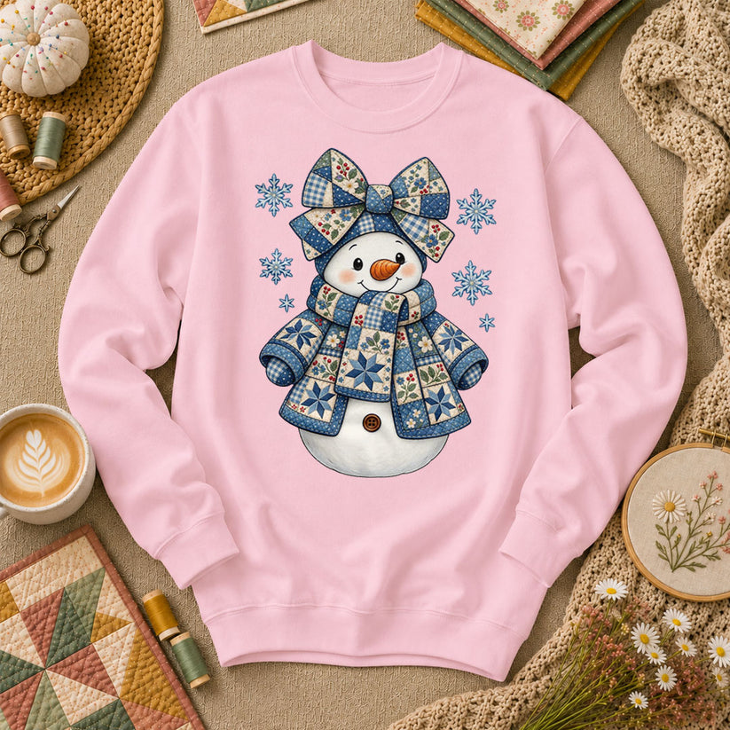 Patchwork Quilted Snowman With Blue Bow And Snowflakes Long Sleeve - Light Pink