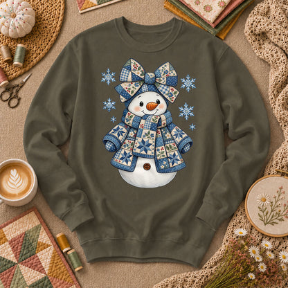 Patchwork Quilted Snowman With Blue Bow And Snowflakes Long Sleeve - Military Green