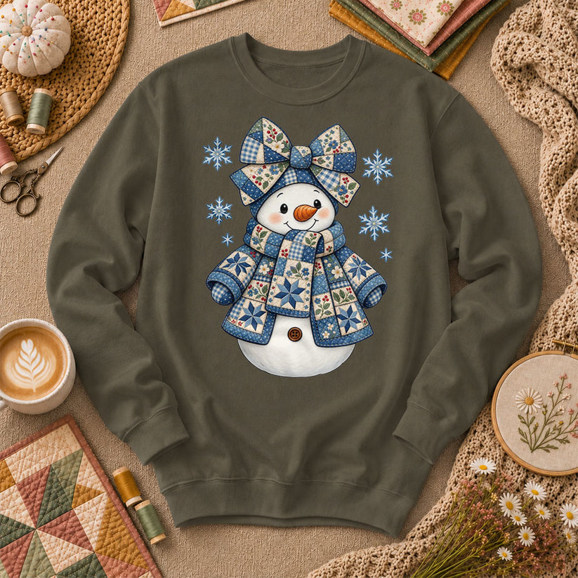 Patchwork Quilted Snowman With Blue Bow And Snowflakes Long Sleeve - Military Green