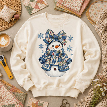 Patchwork Quilted Snowman With Blue Bow And Snowflakes Long Sleeve - Natural