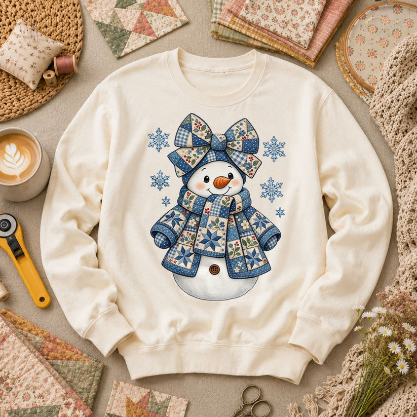 Patchwork Quilted Snowman With Blue Bow And Snowflakes Long Sleeve - Natural