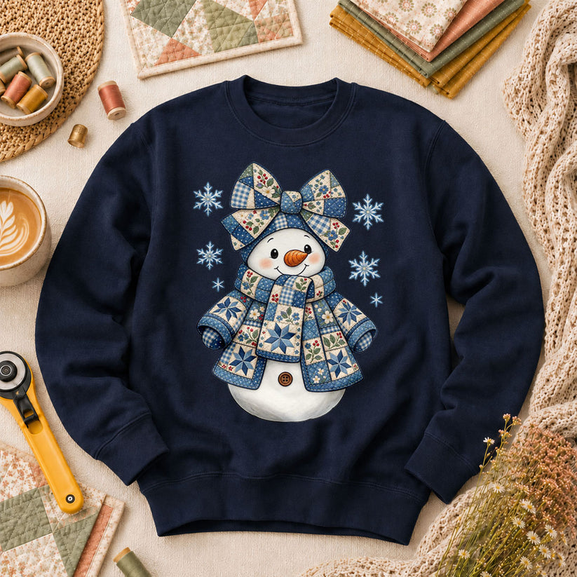 Patchwork Quilted Snowman With Blue Bow And Snowflakes Long Sleeve - Navy