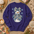 Patchwork Quilted Snowman With Blue Bow And Snowflakes Long Sleeve