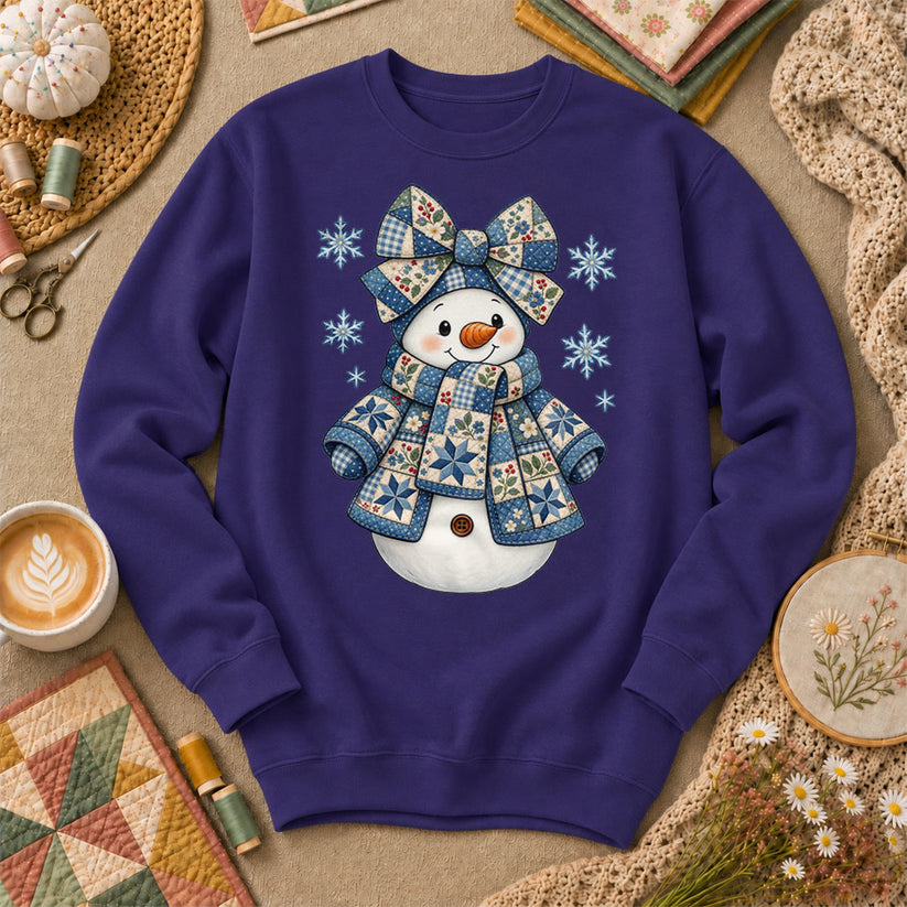 Patchwork Quilted Snowman With Blue Bow And Snowflakes Long Sleeve - Purple