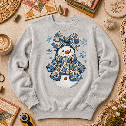 Patchwork Quilted Snowman With Blue Bow And Snowflakes Long Sleeve - Sport Grey