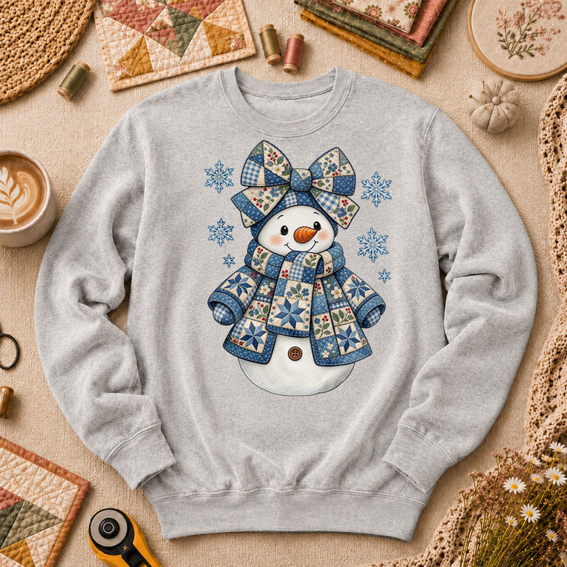 Patchwork Quilted Snowman With Blue Bow And Snowflakes Long Sleeve - Sport Grey