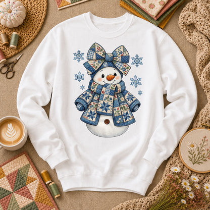 Patchwork Quilted Snowman With Blue Bow And Snowflakes Long Sleeve - White