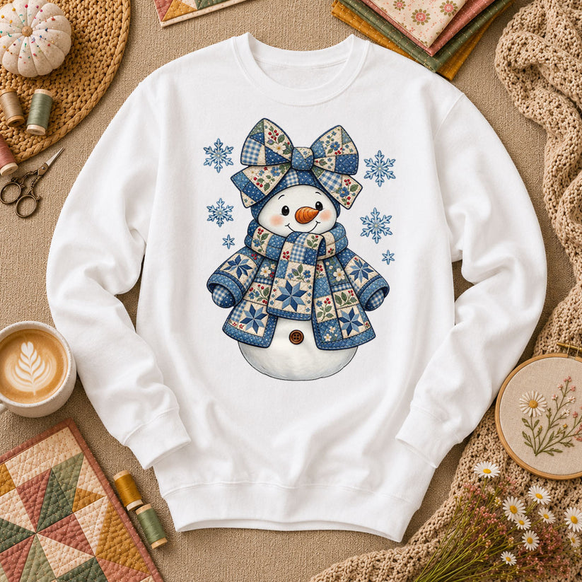 Patchwork Quilted Snowman With Blue Bow And Snowflakes Long Sleeve - White