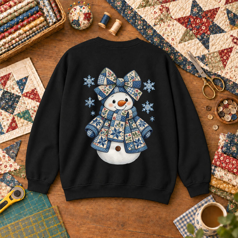 Patchwork Quilted Snowman With Blue Bow And Snowflakes Sweatshirt - Black