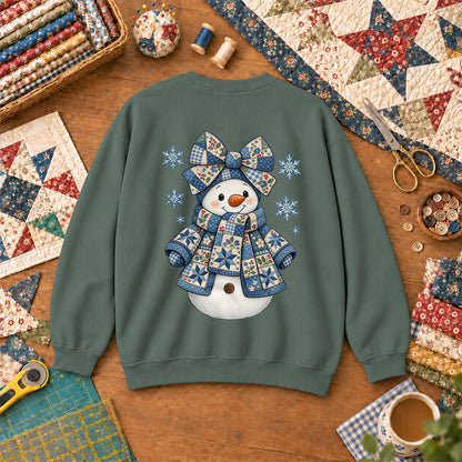 Patchwork Quilted Snowman With Blue Bow And Snowflakes Sweatshirt - Forest Green