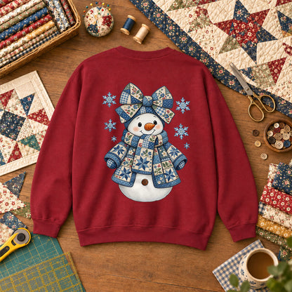 Patchwork Quilted Snowman With Blue Bow And Snowflakes Sweatshirt - Garnet
