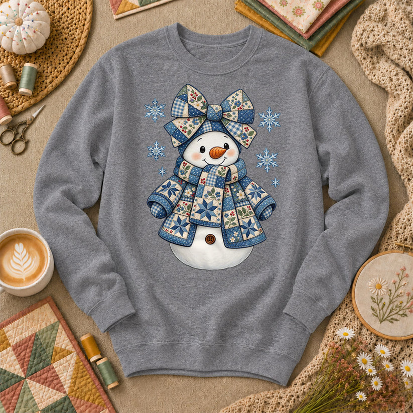 Patchwork Quilted Snowman With Blue Bow And Snowflakes Sweatshirt - Graphite Heather