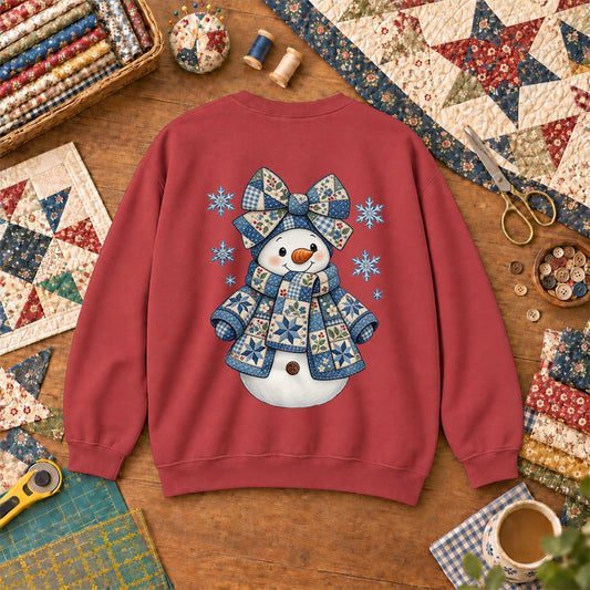 Patchwork Quilted Snowman With Blue Bow And Snowflakes Sweatshirt - Heather Red