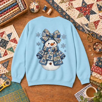 Patchwork Quilted Snowman With Blue Bow And Snowflakes Sweatshirt - Light Blue