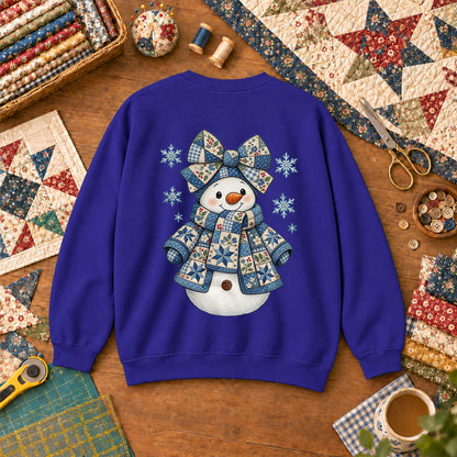 Patchwork Quilted Snowman With Blue Bow And Snowflakes Sweatshirt - Royal