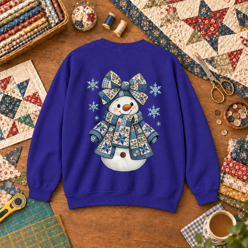 Patchwork Quilted Snowman With Blue Bow And Snowflakes Sweatshirt - Royal