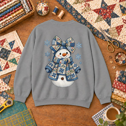 Patchwork Quilted Snowman With Blue Bow And Snowflakes Sweatshirt - Sport Grey