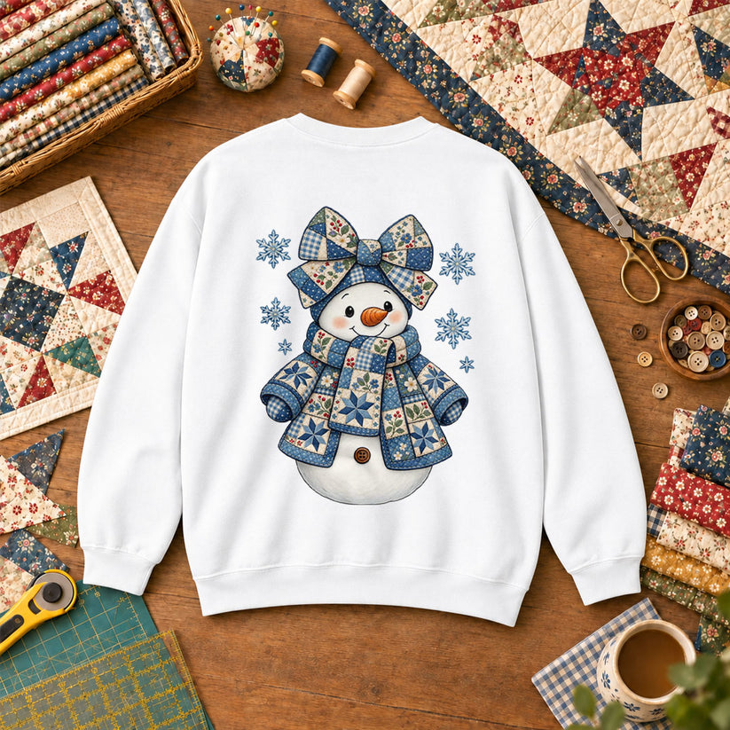 Patchwork Quilted Snowman With Blue Bow And Snowflakes Sweatshirt - White