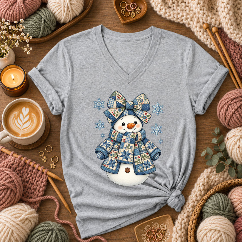 Patchwork Quilted Snowman With Blue Bow And Snowflakes Women's V-Neck - Athletic Heather