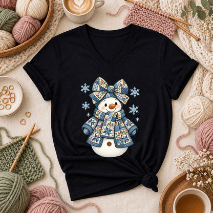 Patchwork Quilted Snowman With Blue Bow And Snowflakes Women's V-Neck - Black