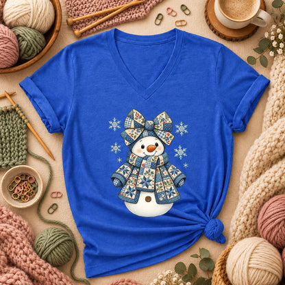 Patchwork Quilted Snowman With Blue Bow And Snowflakes Women's V-Neck - Heather True Royal