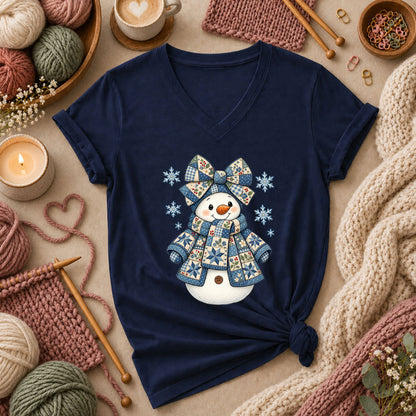 Patchwork Quilted Snowman With Blue Bow And Snowflakes Women's V-Neck - Navy