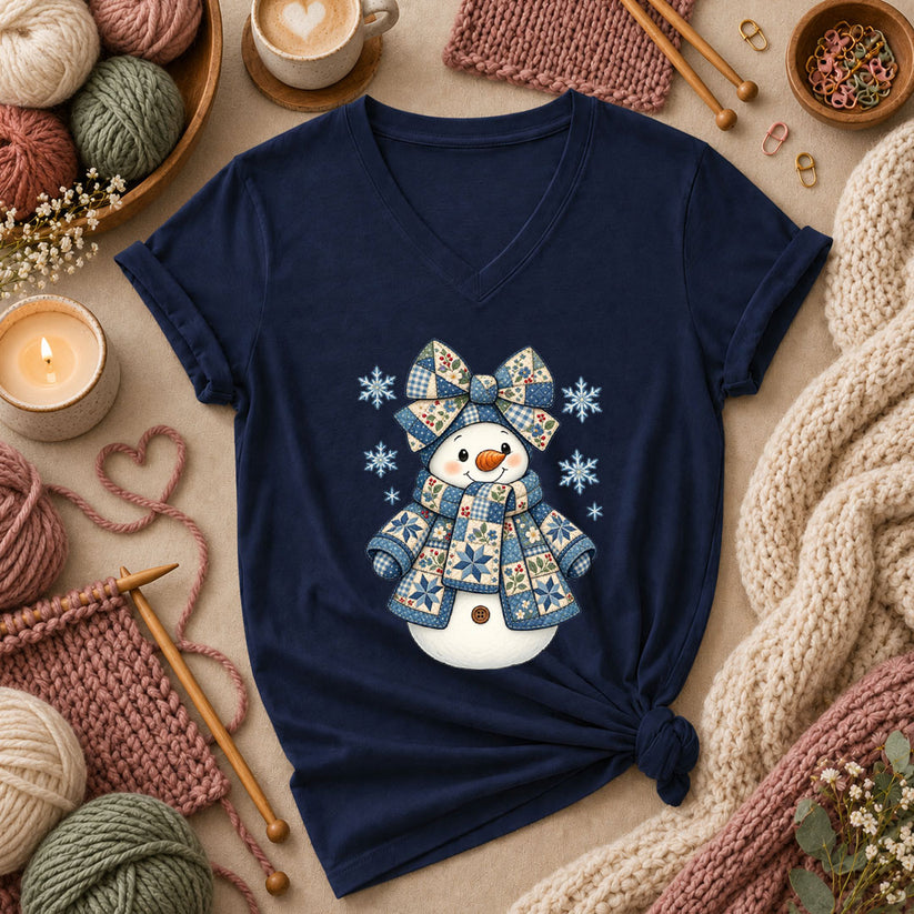 Patchwork Quilted Snowman With Blue Bow And Snowflakes Women's V-Neck - Navy