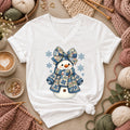Patchwork Quilted Snowman With Blue Bow And Snowflakes Women's V-Neck