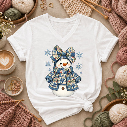 Patchwork Quilted Snowman With Blue Bow And Snowflakes Women's V-Neck - White