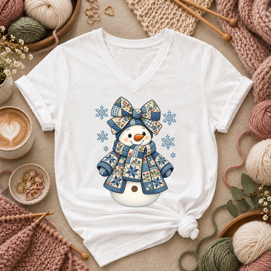 Patchwork Quilted Snowman With Blue Bow And Snowflakes Women's V-Neck - White