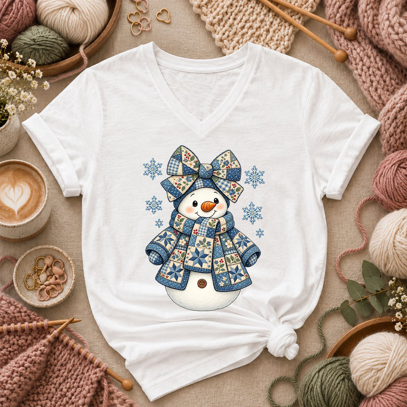 Patchwork Quilted Snowman With Blue Bow And Snowflakes Women's V-Neck - White