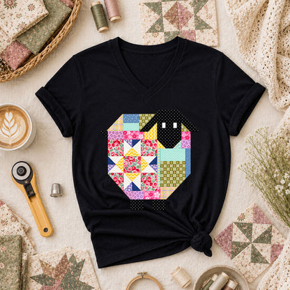 Patchwork Sheep Quilt Block Women's V-Neck - Black