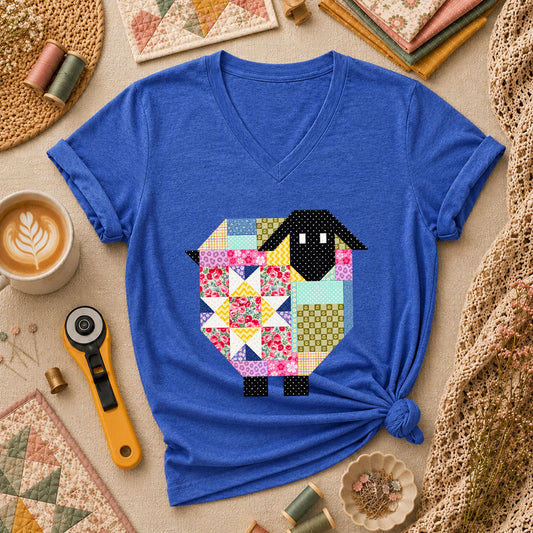 Patchwork Sheep Quilt Block Women's V-Neck - Heather True Royal