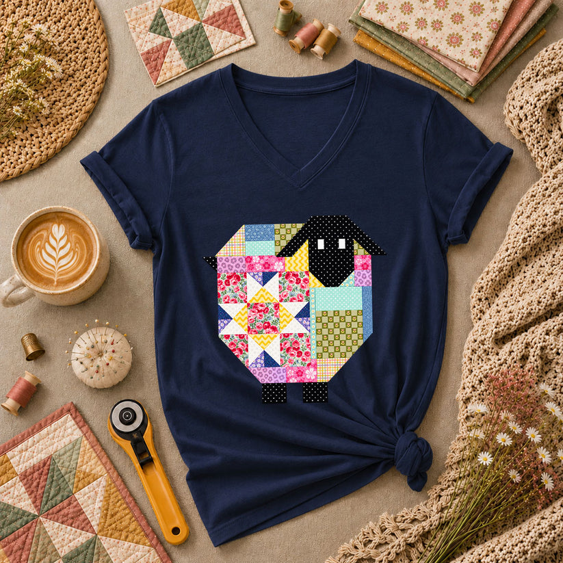 Patchwork Sheep Quilt Block Women's V-Neck - Navy