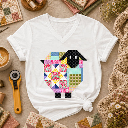Patchwork Sheep Quilt Block Women's V-Neck - White