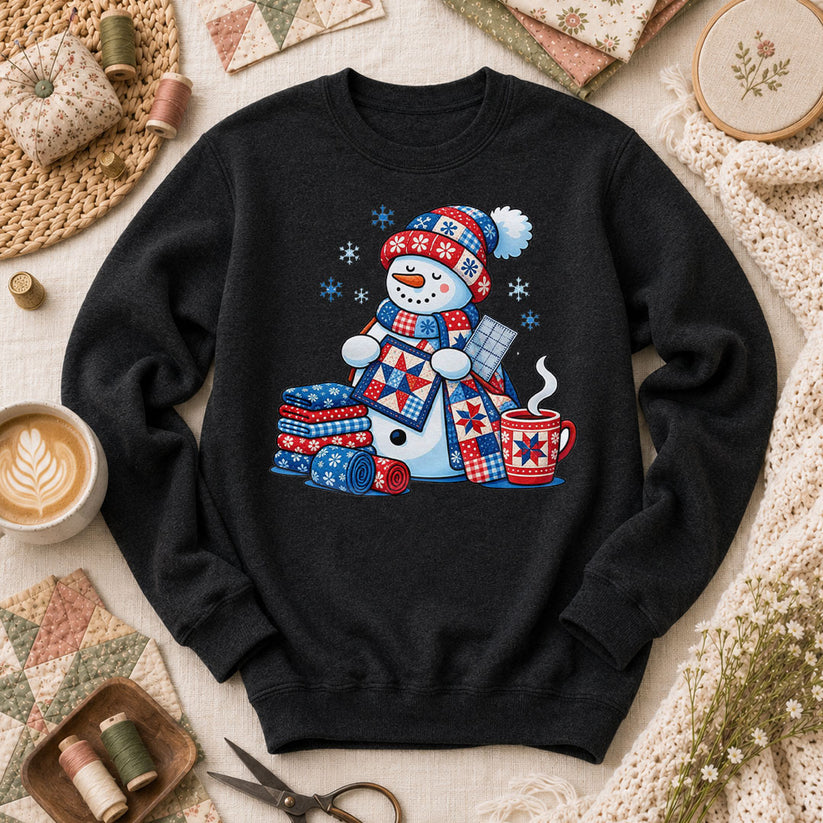 Patchwork Snowman Holding Quilt Block With Cocoa Long Sleeve - Black