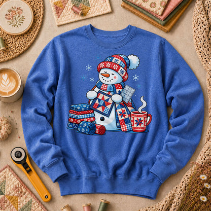 Patchwork Snowman Holding Quilt Block With Cocoa Long Sleeve - Heather True Royal