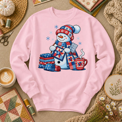 Patchwork Snowman Holding Quilt Block With Cocoa Long Sleeve - Light Pink