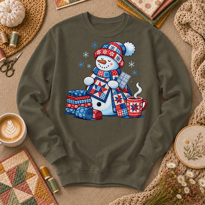 Patchwork Snowman Holding Quilt Block With Cocoa Long Sleeve - Military Green