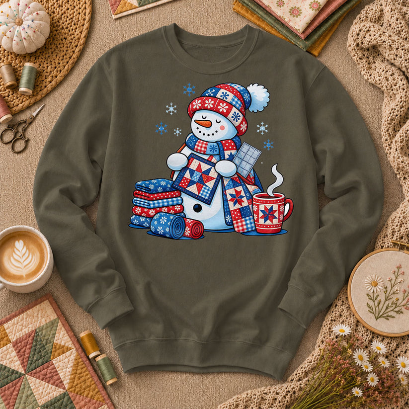 Patchwork Snowman Holding Quilt Block With Cocoa Long Sleeve - Military Green
