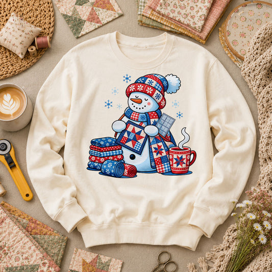 Patchwork Snowman Holding Quilt Block With Cocoa Long Sleeve - Natural