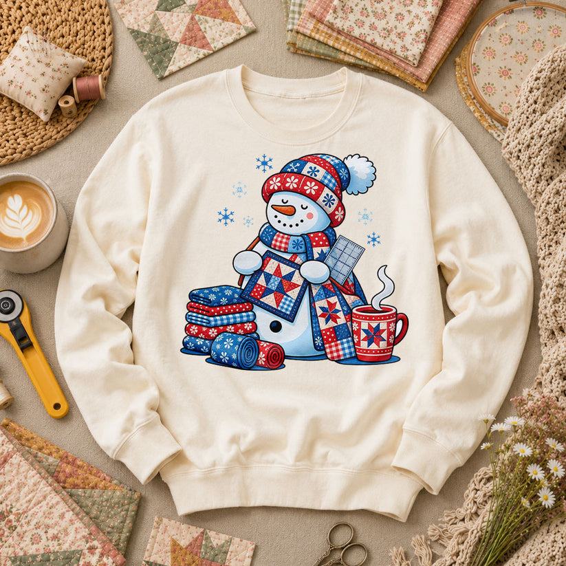 Patchwork Snowman Holding Quilt Block With Cocoa Long Sleeve - Natural