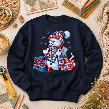 Patchwork Snowman Holding Quilt Block With Cocoa Long Sleeve - Navy