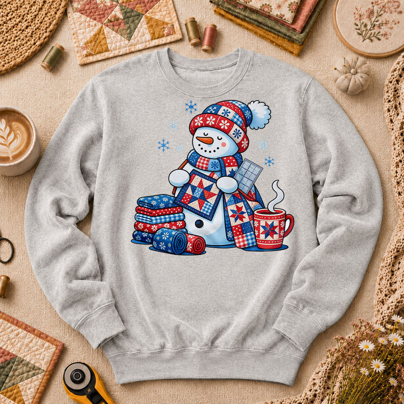 Patchwork Snowman Holding Quilt Block With Cocoa Long Sleeve - Sport Grey
