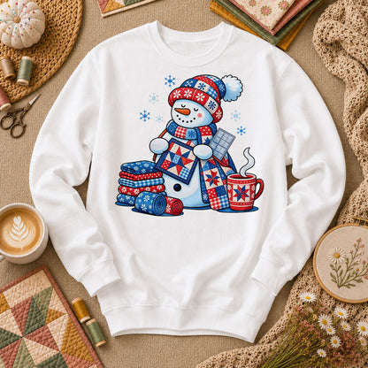 Patchwork Snowman Holding Quilt Block With Cocoa Long Sleeve - White