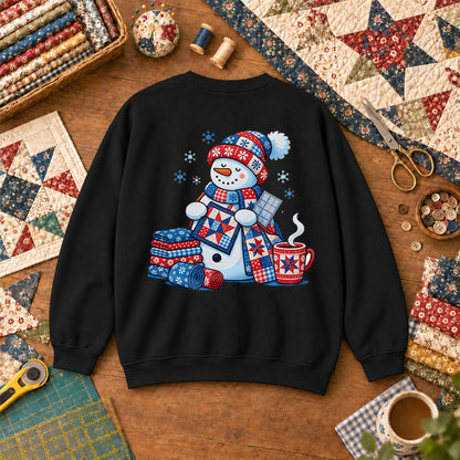 Patchwork Snowman Holding Quilt Block With Cocoa Sweatshirt - Black