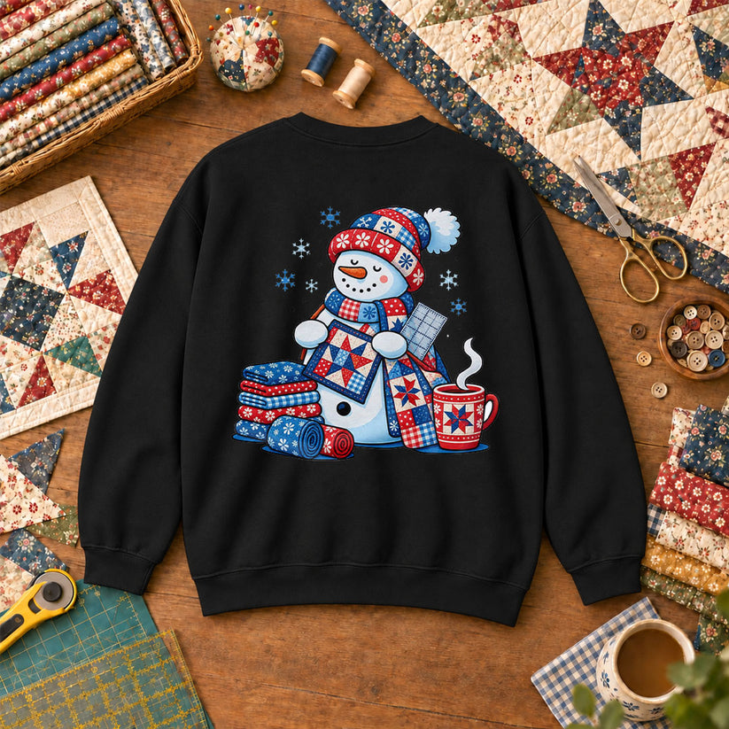 Patchwork Snowman Holding Quilt Block With Cocoa Sweatshirt - Black
